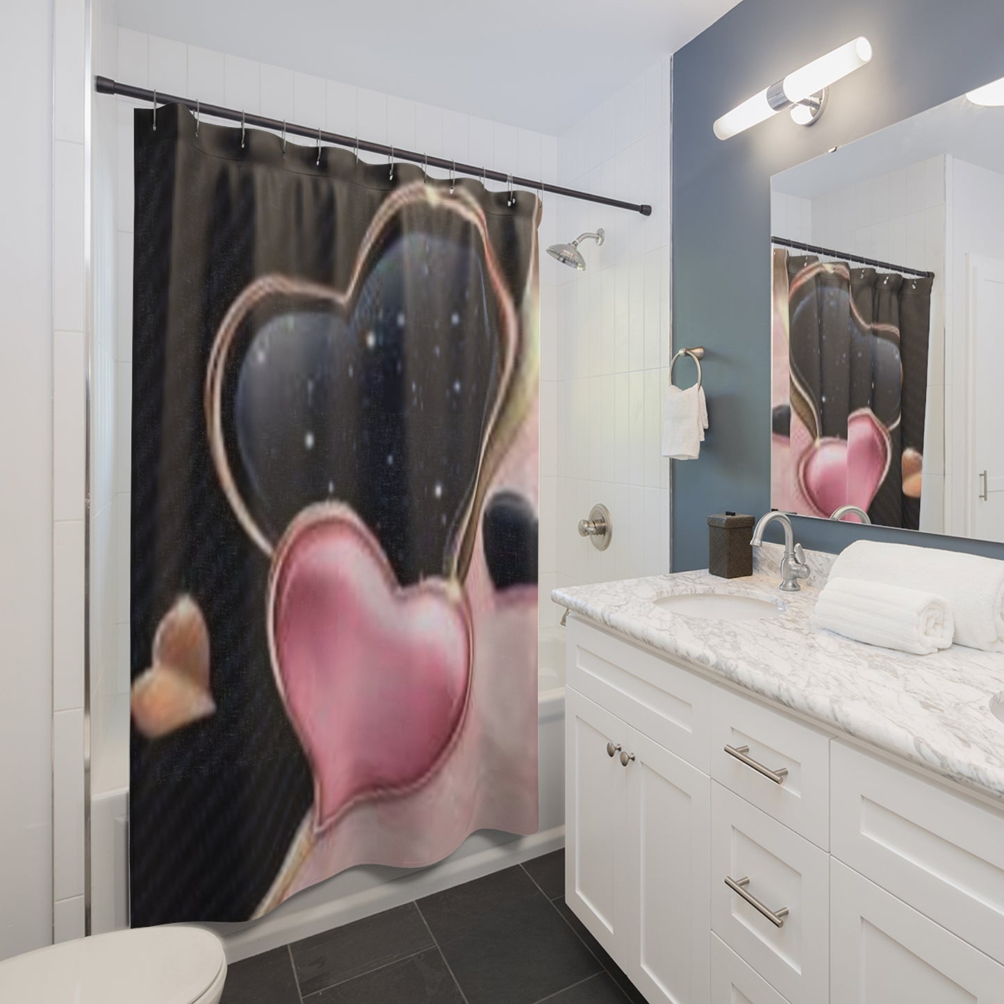 Cosmic Hearts Shower Curtain - Romantic Bathroom Decor for Lovebirds